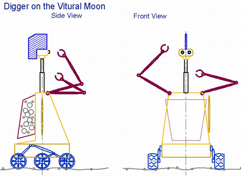 Digger Rover vehicle on the Vitrual Moon, front and side views in AutoSketch